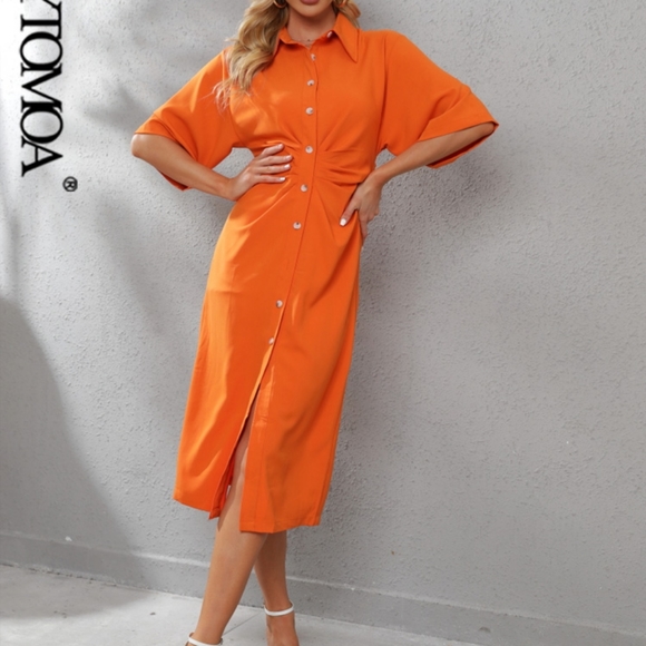 ZARA SS20 COLLARED MIDI DRAPED SHIRT DRESS ORANGE Size M NWT - Picture 2 of 6